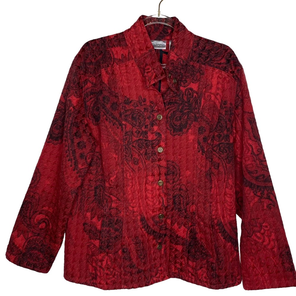 Chicos Womens Size 2/Large Red Paisley Textured‎ Blazer Jacket Mandolin Collar